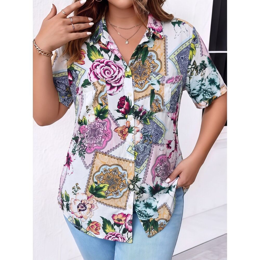 Chicos Patchwork Floral Button Down Blouse Size 3 XL Short Sleeve Modal Rayon